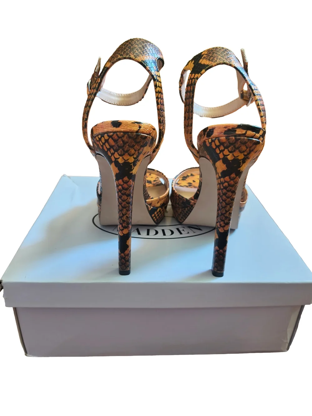 Steve Madden Yellow Snake-Print Platform Ankle-Strap Heels